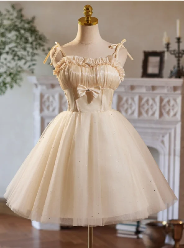 women's fair-trade dressesChampagne Tulle Spaghetti Straps Bow Homecoming Dress