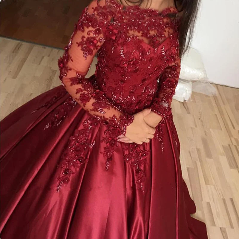 Formal DressVintage Muslim Burgundy Wedding Dresses Ball Gown Beaded Lace Women Formal evening gown Robe De Mariee