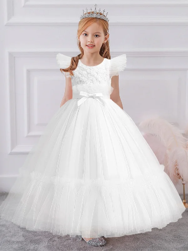 women's party dressesBall Gown Scoop Flying Sleeves Flower Girl Dresses with Sash