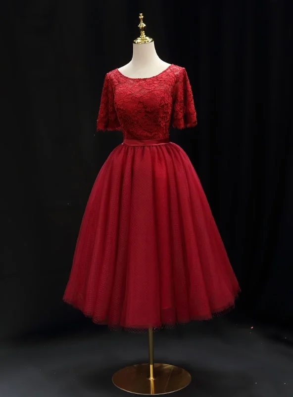 Metallic DressBurgundy Tulle Lace Short Sleeve Homecoming Dress