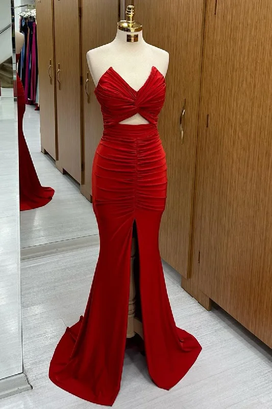 Wrap DressMonique | Red Strapless Twisted Knot Mermaid Long Formal Dress with Slit