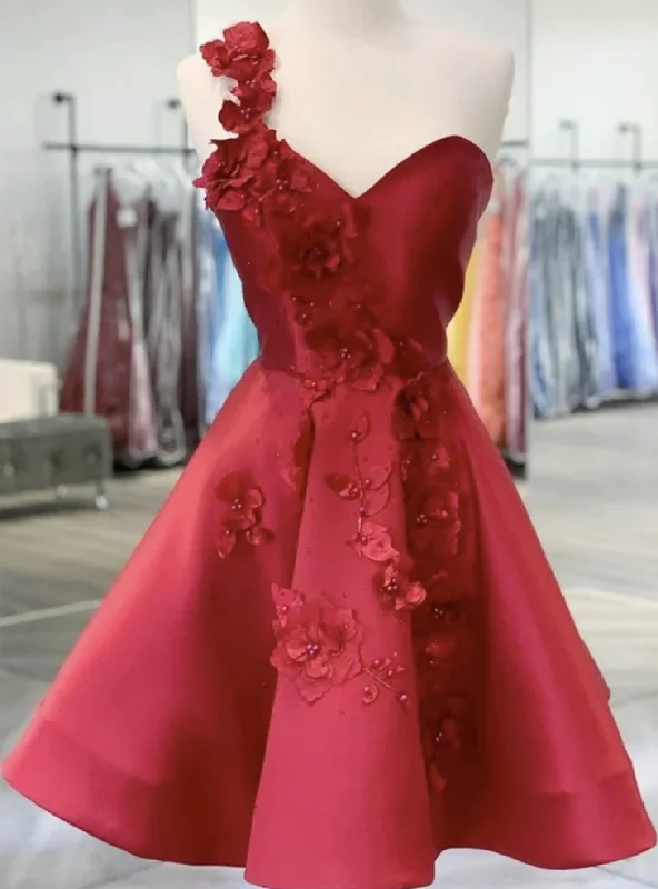 Cold-Shoulder DressBurgundy Satin One Shoulder 3D Appliques Homecoming Dress