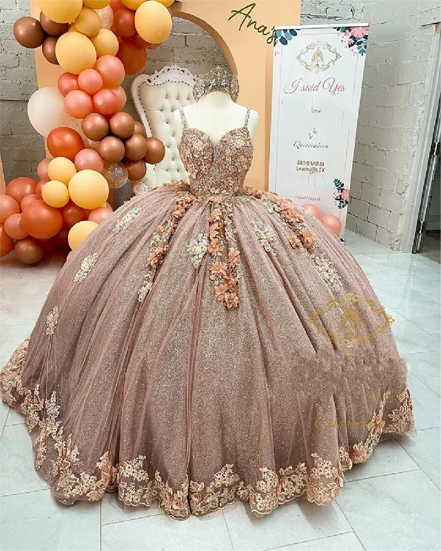 women's spaghetti strap dressesCoffee Beaded Quinceanera Dresses Sexy Spaghetti Neck Appliqued 3D Floral Sweet 16 Princess Ball Gown Pageant Gowns vestido SA1071 women's spaghetti strap dressesCoffee Beaded Quinceanera Dresses Sexy Spaghetti Neck Appliqued 3D Floral Sweet 16 Princess Ball Gown Pageant Gowns vestido SA1071