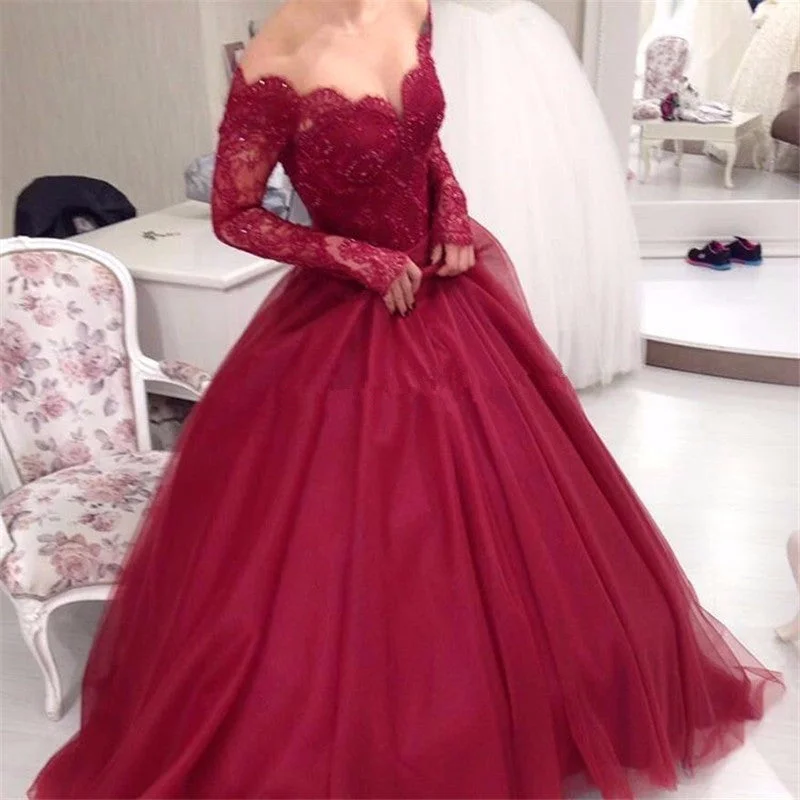 Bow-Tie DressDark Red Off Shoulder Lace Long Sleeves Wedding Gown For Reception Women Formal Evening Dress Ball Gown wd3387 Bow-Tie DressDark Red Off Shoulder Lace Long Sleeves Wedding Gown For Reception Women Formal Evening Dress Ball Gown wd3387