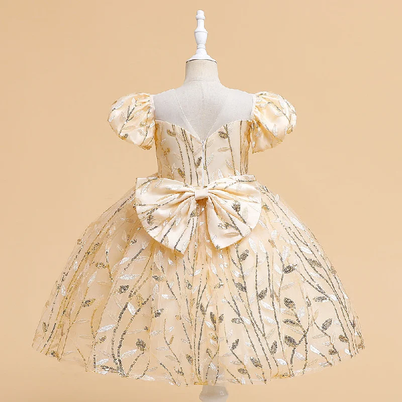 Custom DressBall Gown Scoop Puff Sleeves Flower Girl Dresses with Sequins