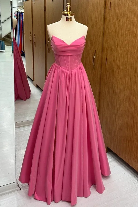 women's sustainable dressesHot Pink Strapless Lace-Up A-Line Long Formal Dress