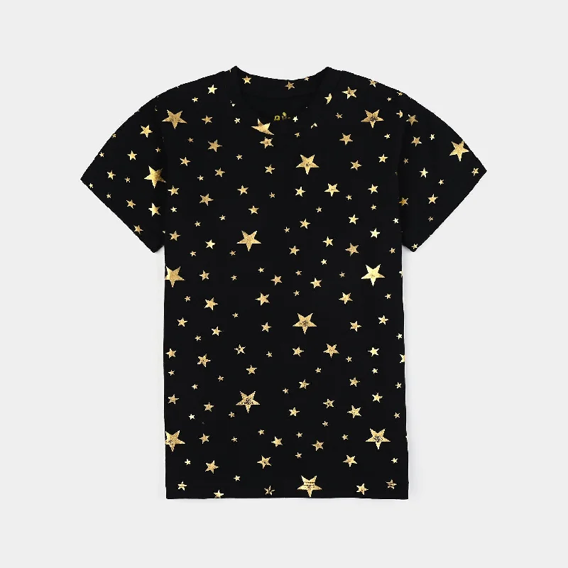 Men's Shirts with Raw-Edge HemlinesGirls Lycra Jersey T-Shirt H/S Golden Star-BLACK Men's Shirts with Raw-Edge HemlinesGirls Lycra Jersey T-Shirt H/S Golden Star-BLACK