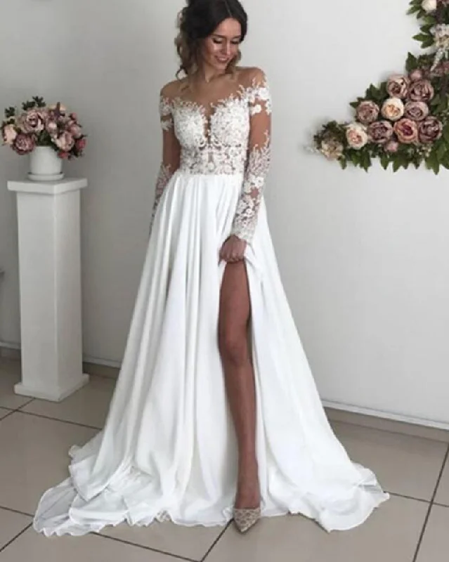 women's one-shoulder dressesLong Sleeves Lace and Chiffon Beach Wedding Dress with Split Ivory Bridal Gown WD0818 women's one-shoulder dressesLong Sleeves Lace and Chiffon Beach Wedding Dress with Split Ivory Bridal Gown WD0818
