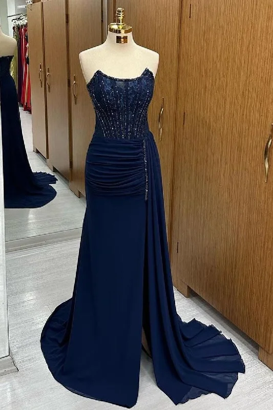 A-Line DressMaliyah | Navy Lace Beaded Strapless Long Formal Dress with Attached Train A-Line DressMaliyah | Navy Lace Beaded Strapless Long Formal Dress with Attached Train