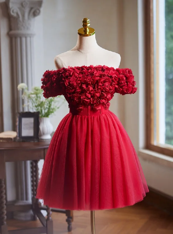 Beaded DressBurgundy Tulle Off the Shoulder 3D Flower Homecoming Dress