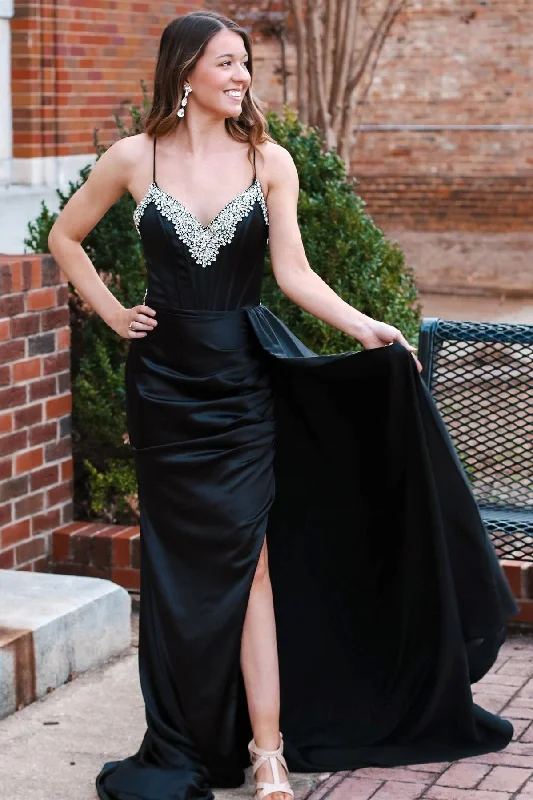 Floor-Length DressPolly | Black Rhinestone V-Neck Long Formal Dress with Attached Train Floor-Length DressPolly | Black Rhinestone V-Neck Long Formal Dress with Attached Train