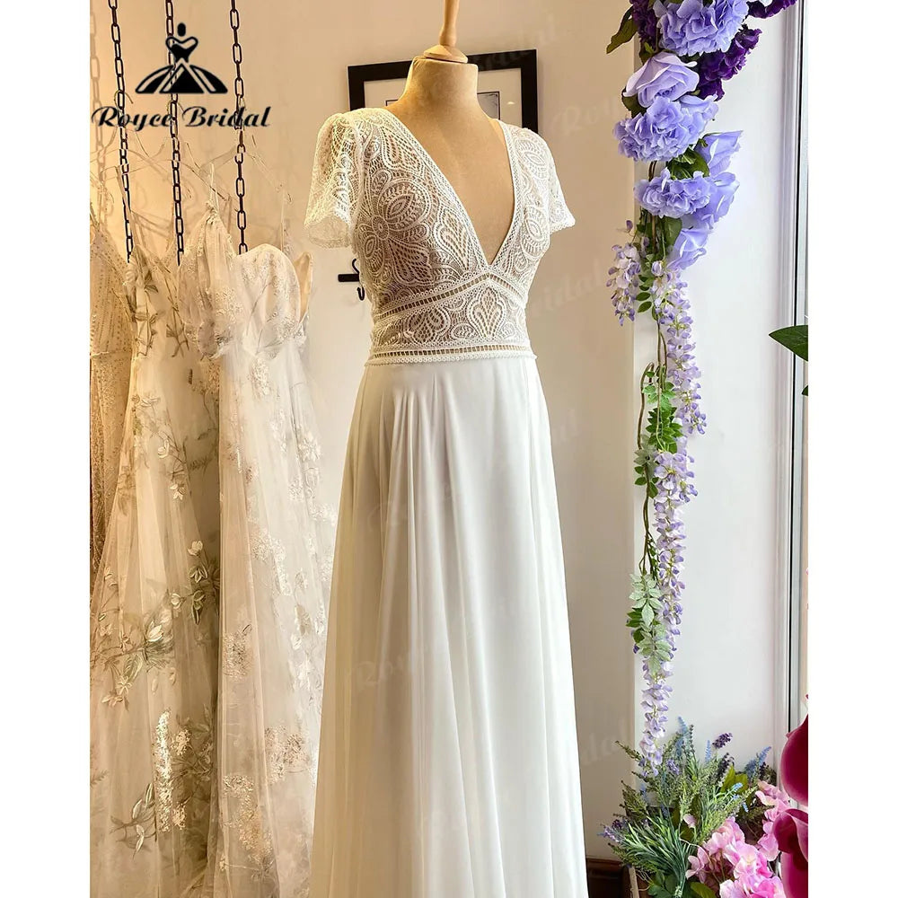 Trumpet DressSummer Beach Boho Bohemian Lace Bodice Chiffon Cap Sleeve Wedding Dress for Bride 2024 V Neck Backless Wedding Gown for Women Trumpet DressSummer Beach Boho Bohemian Lace Bodice Chiffon Cap Sleeve Wedding Dress for Bride 2024 V Neck Backless Wedding Gown for Women