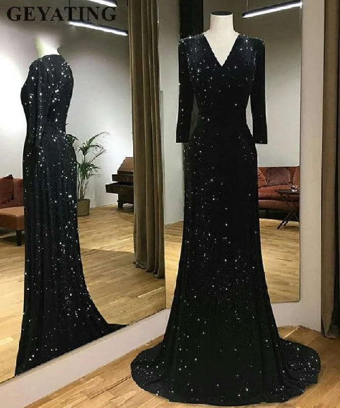 Sleeveless DressElegant V-neck Sparkly Black Sequin Mermaid Long Sleeves Evening Dress