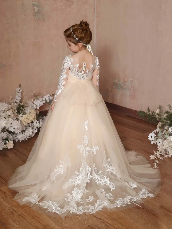 Skater DressBall-Gown Lace Long Sleeves Cap Straps Floor-Length Flower Girl Dresses