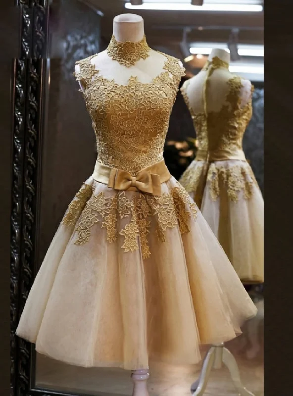 Tulle DressElegant Gold Applique Homecoming Dresses High Neck Knee Length A Line