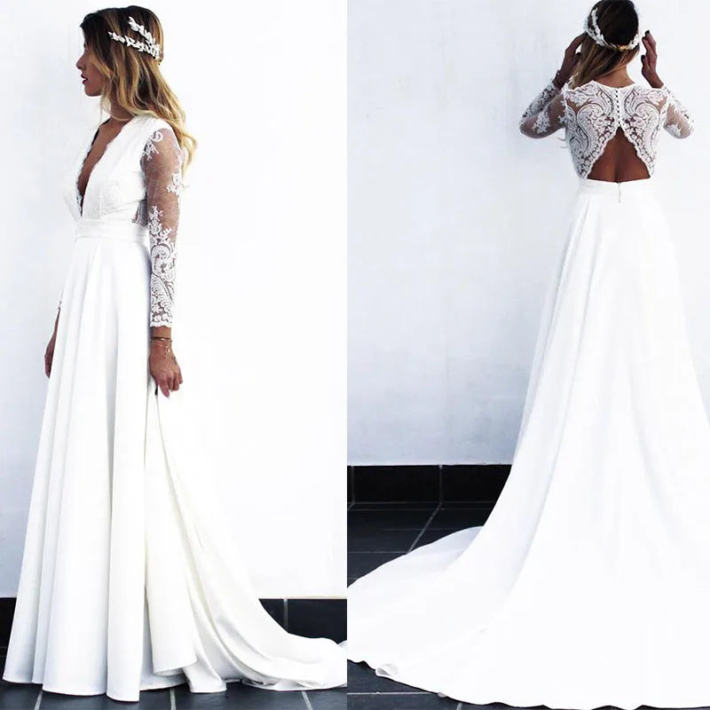 women's boho dressesRoycebridal Cheap Long White Lace A-line Wedding Dresses Bridal Gowns vestido de noiva with see-through long sleeves robe mariage femme women's boho dressesRoycebridal Cheap Long White Lace A-line Wedding Dresses Bridal Gowns vestido de noiva with see-through long sleeves robe mariage femme