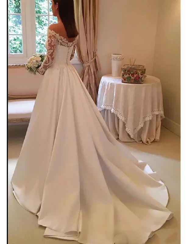 Long-Sleeve DressA Line Satin Lace Off the Shoulder Wedding Dresses Vintage Bridal Gown WD662 Long-Sleeve DressA Line Satin Lace Off the Shoulder Wedding Dresses Vintage Bridal Gown WD662