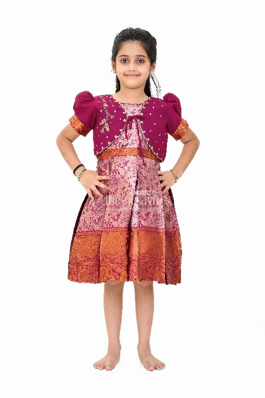 Peplum Hem DressGirls Silk Party Frock with Floral Motif and Contrast Shrug for a Regal Look