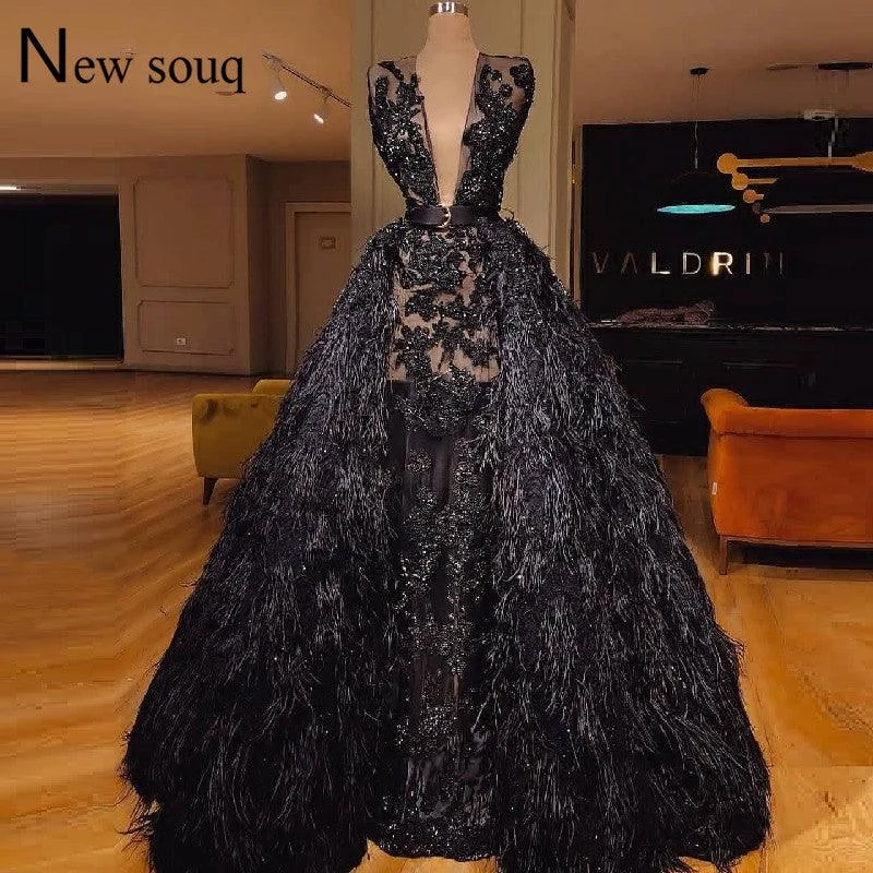 Zipper DressBlack Feather Couture Two Pieces Deep V Neck Evening Dress