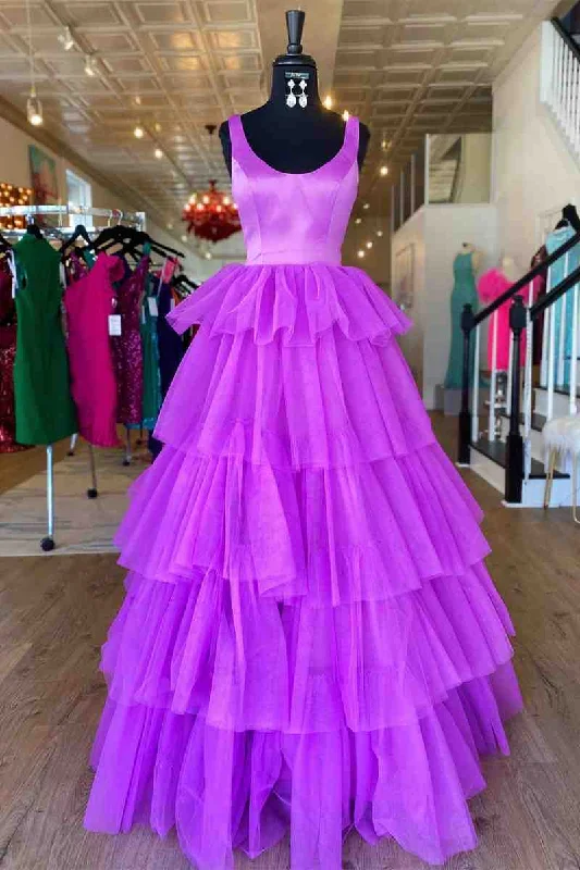 Evening DressBeth | A-Line Crew Neck Lilac Tiered Tulle Long Formal Dress