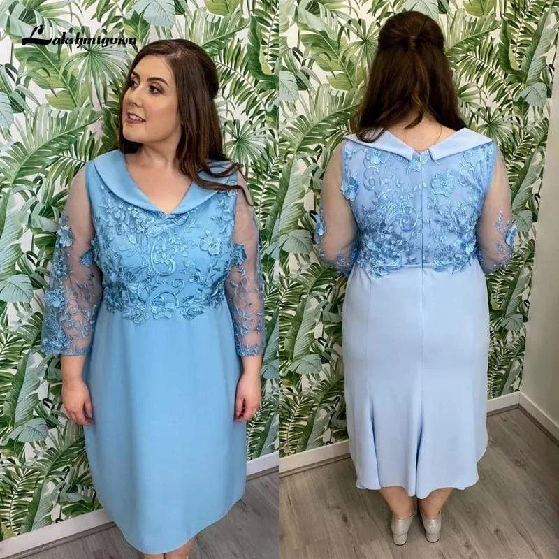 Solid Color DressBlue Mother Of The Bride Dresses Chiffon A-line Long Sleeves