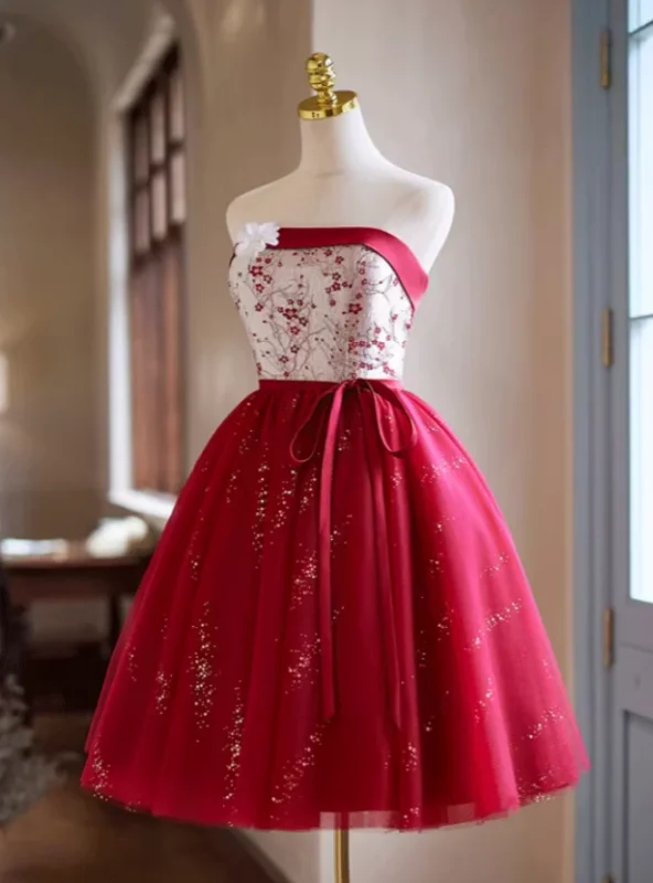 High-Neck DressBurgundy Tulle Sequins Strapless Homecoming Dress