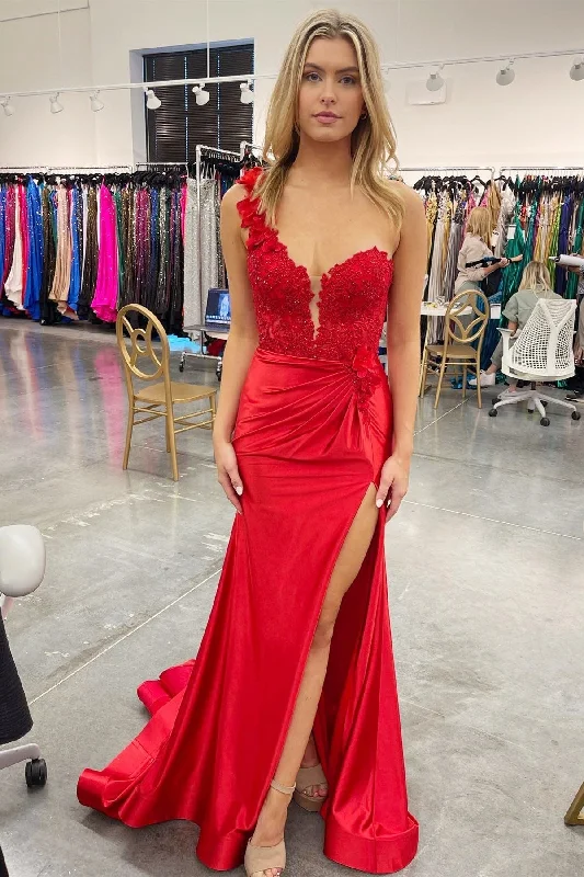 Sleeveless DressRed One-Shoulder 3D Floral Lace Pleated Long Gown with Slit