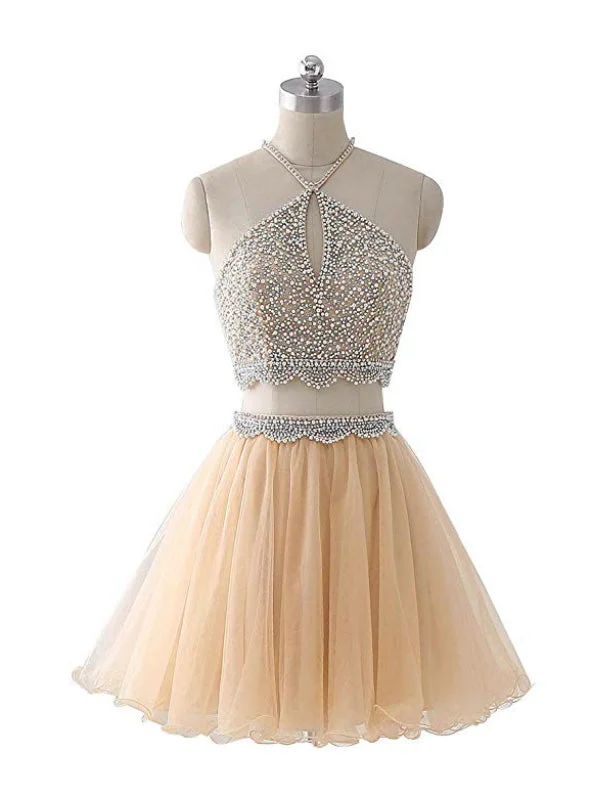 women's glam dressesChampagne Tulle Two Piece Halter Homecoming Dress With Beading
