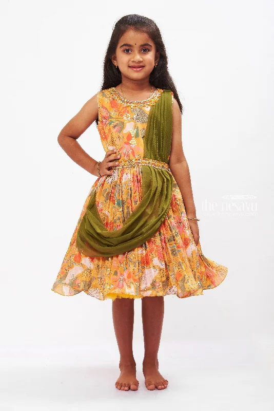 Sequined DressEnchanting Silk Floral Party Frock for Girls with Elegant Draping