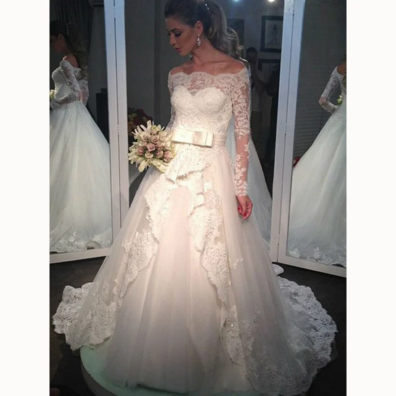 Satin DressFantastic Lace Wedding Dress with Long Sleeves Off The Shoulder Bridal Gown hochzeitskleid 2020 Satin DressFantastic Lace Wedding Dress with Long Sleeves Off The Shoulder Bridal Gown hochzeitskleid 2020