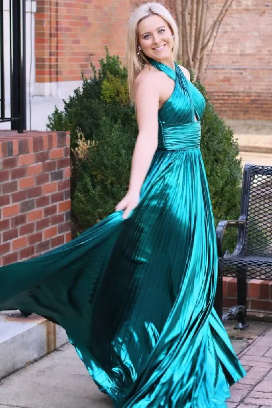 women's eco-friendly dressesEmerald Green Metallic Key Hole Pleated Gown with Slit women's eco-friendly dressesEmerald Green Metallic Key Hole Pleated Gown with Slit