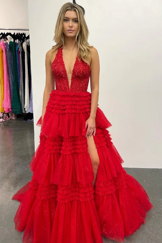 Sequined DressRed Tulle Appliques Halter Ruffle Tiered Ball Gown