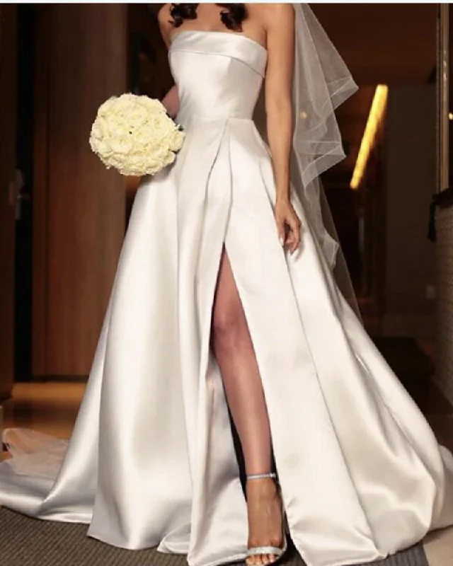 women's glam dressesElegant Strapless Ivory Satin Wedding Dress with Split WD0524