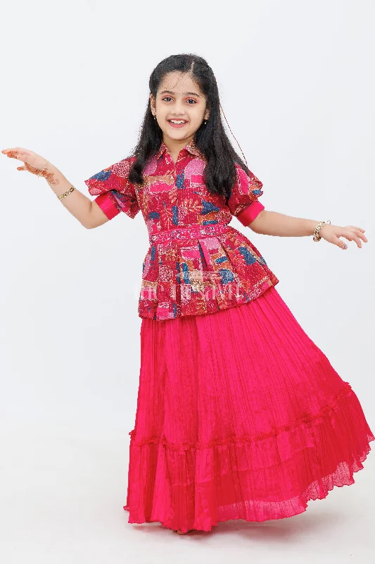 Pastel DressMagenta Chinon Silk Printed TwoPiece Look Party Gown for Girls