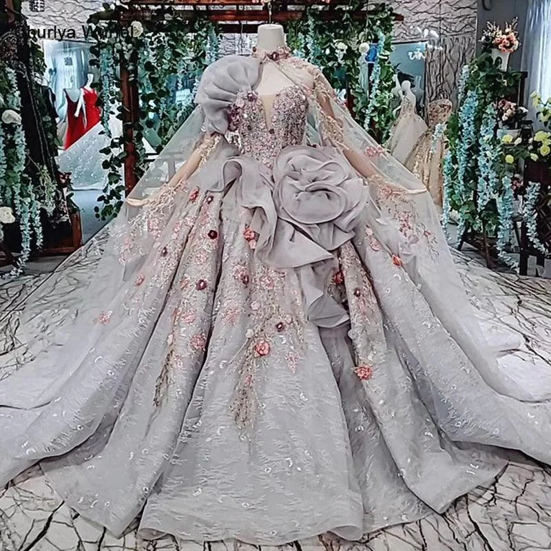 Laced DressGrey Strapless Special Formal Evening Dress Long Cape Ball Gown