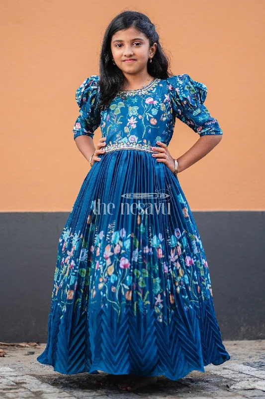 Casual DressNavy Blue Girls Party Gown with Floral Embroidery and Puffed Sleeves for Formal Events Casual DressNavy Blue Girls Party Gown with Floral Embroidery and Puffed Sleeves for Formal Events