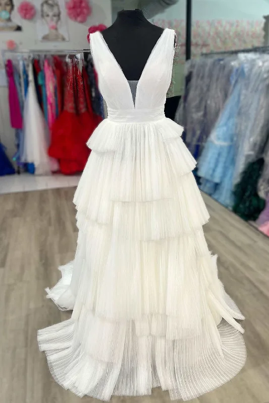 Shift DressMaya | White V-Neck Pleated Layered Long Formal Dress