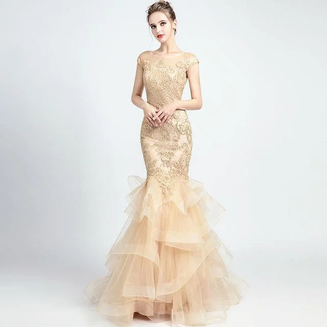 Crepe DressLace Appliques Mermaid Evening Dress