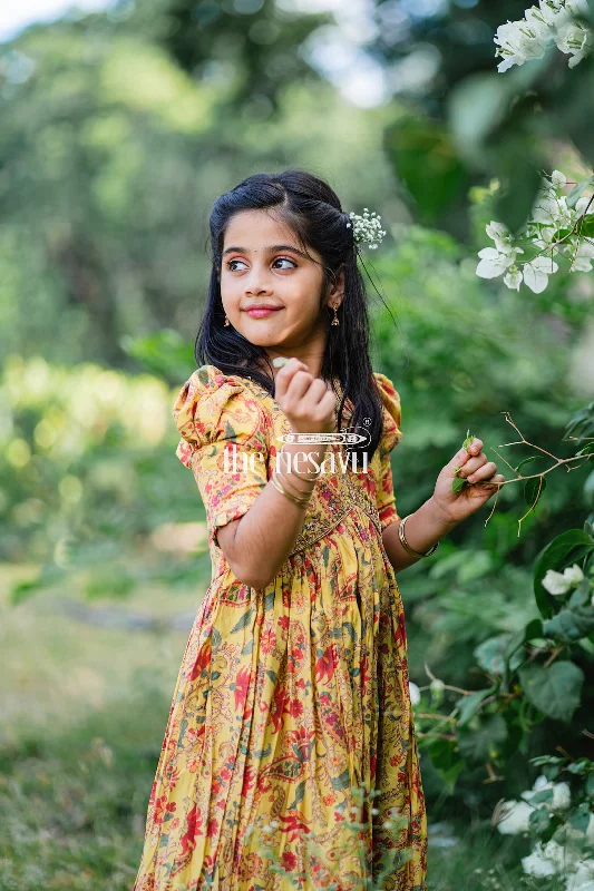 women's A-line dressesVibrant Yellow Floral Muslin Silk Party Gown for Girls
