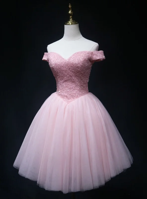 Glitter DressFashion Pink Tulle Off the Shoulder Beading Homecoming Dress