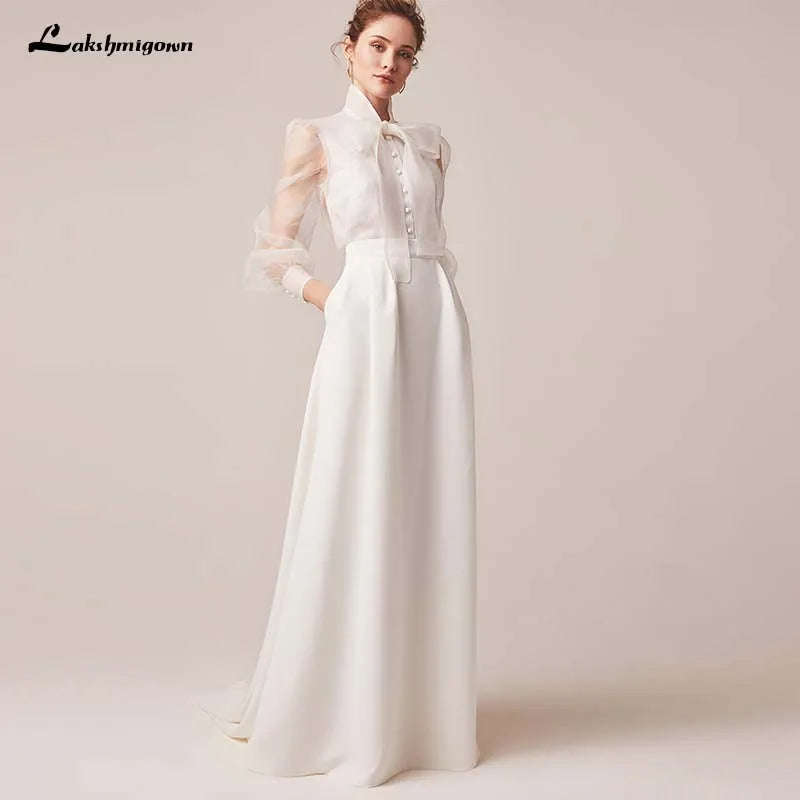 Organza DressVintage Ivory Bridal Wedding Gowns Satin Long Sleeves Illusion Jewel Neck Bridal Dresses