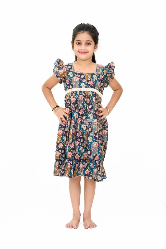 Off-The-Shoulder DressLong Party Wear Gown for Girls with Elegant Black Floral Print and Ruffle Details Off-The-Shoulder DressLong Party Wear Gown for Girls with Elegant Black Floral Print and Ruffle Details