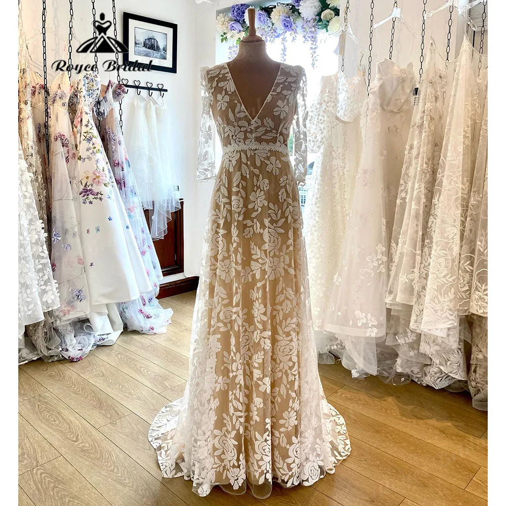 women's statement dressesRobe Mariee Three Quarter Sleeve Full Lace A Line Boho Women Wedding Dress with V Neck 2025 Bridal Gown abito da sposa Summer women's statement dressesRobe Mariee Three Quarter Sleeve Full Lace A Line Boho Women Wedding Dress with V Neck 2025 Bridal Gown abito da sposa Summer