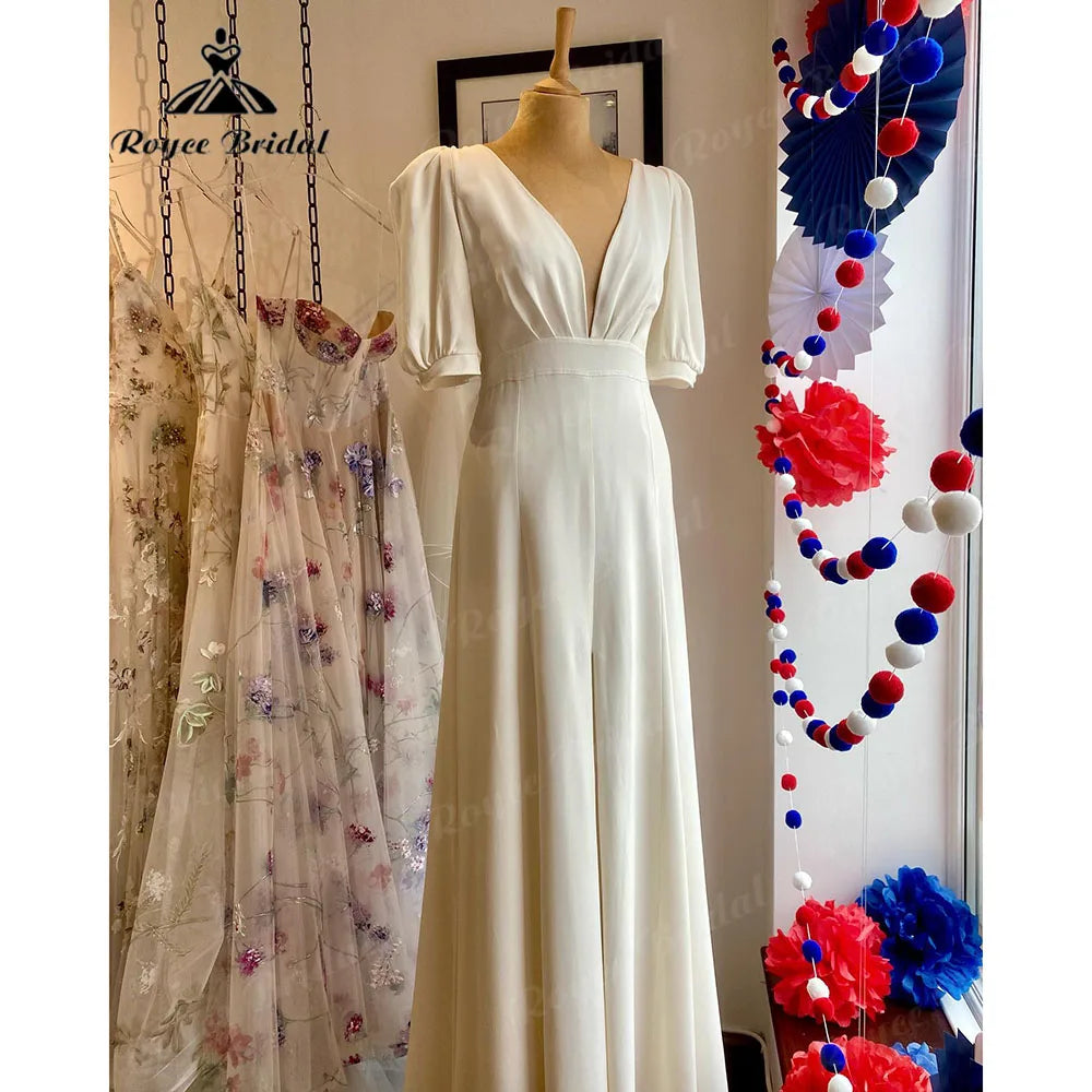 Short-Sleeve DressVintage V Neck Soft Satin Split Middle Wedding Gown for Women Bridal Receipt Gown with Puff Short Sleeve Hochzeitskleider Short-Sleeve DressVintage V Neck Soft Satin Split Middle Wedding Gown for Women Bridal Receipt Gown with Puff Short Sleeve Hochzeitskleider