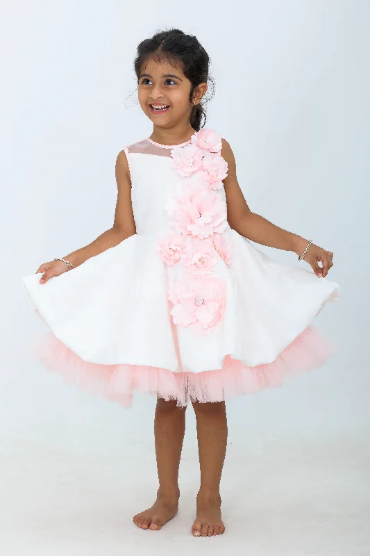 Bohemian DressWhite and Peach Net Girls Party Gown with 3D Floral Appliqué and Tulle Skirt Bohemian DressWhite and Peach Net Girls Party Gown with 3D Floral Appliqué and Tulle Skirt
