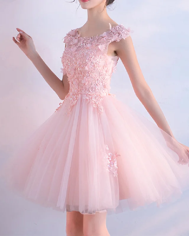 Formal DressCap Sleeves Pink Short Lace Cocktail Dress Short Homecoming Dress for Teens 8th Grade ,Semi Formal Dress SP0625