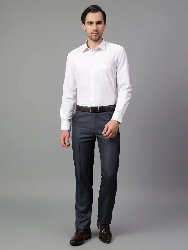 Men's Pants with Hidden ButtonsMen's Navy Blue Self Design Non-Pleated Formal Trouser