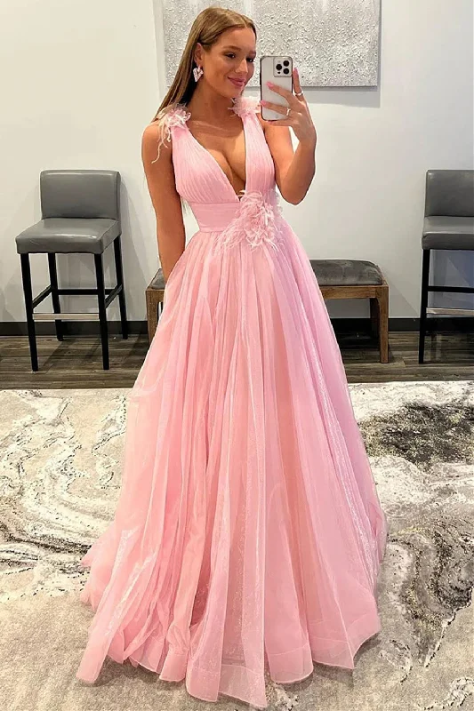 women's minimalist dressesFeathers Backlesss Pink Plunging V-Neck Tulle Long Formal Dress women's minimalist dressesFeathers Backlesss Pink Plunging V-Neck Tulle Long Formal Dress