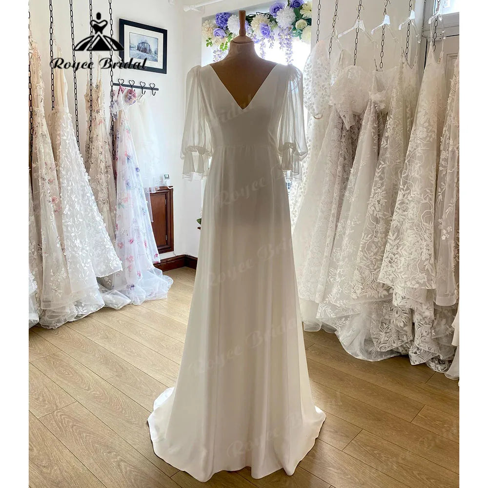 women's made-to-order dressesSimple Soft Satin V Neck Boho Wedding Dress with Puff Short Sleeve  Beach Bridal Reception Gown for Women robe de mariee
