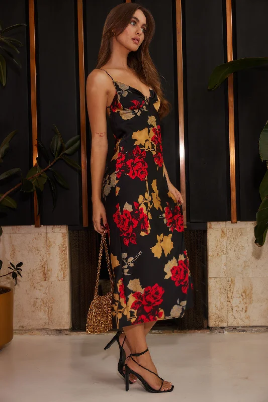 Alexandria Red Printed Satin Midi Dress